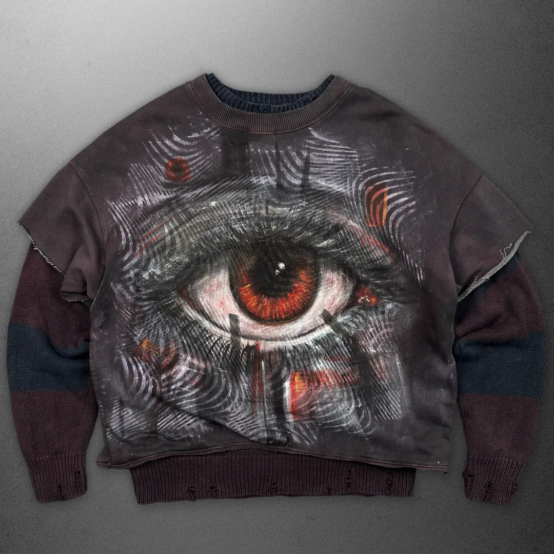 Streetwear niestandardowe męskie topy z bawełny o podwójnej warstwie i długich rękawach, z ręcznie naniesionym nadrukiem, z rozdartymi, poszarpanymi brzegami i przyciętą sylwetką
