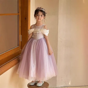 Elegant Pink Cotton Blend Pleated Off-Shoulder Girls Evening Dress  ODM Formal Summer Children's Party Princess Dress