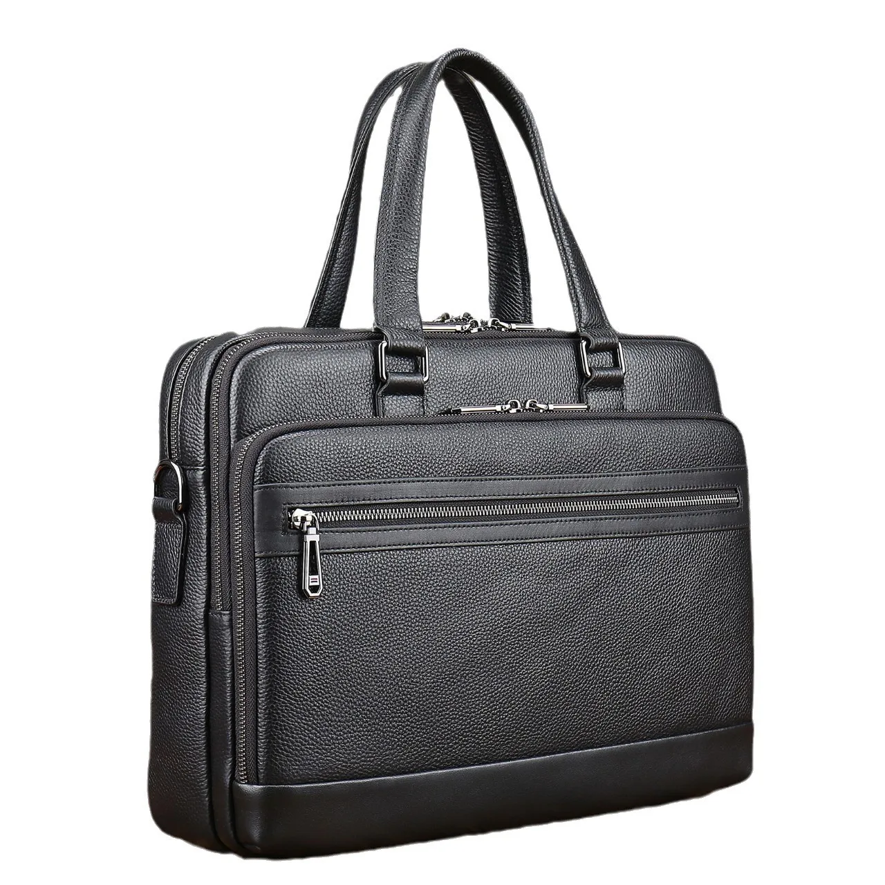 Hot Selling Office Business Style Black Real Cow Skin Cowhide Pebble Genuine Leather Computer Laptop Briefcases