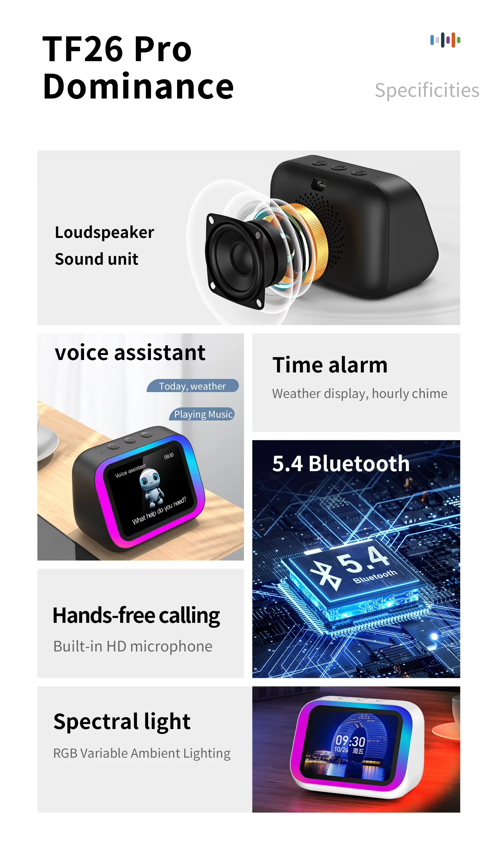 New Innovative Speaker TF26 Pro Smart BT Loudspeaker RGB Large-Screen Weather Temperature Display Table Clock Voice