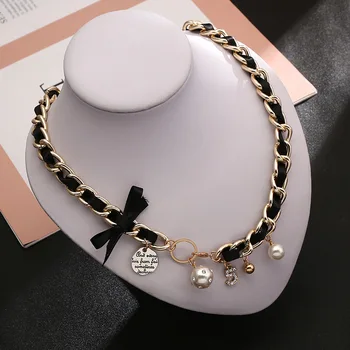 XL22045 Punk Leather Alloy Cuban Chain Pearl Crystal Number 5 Charms Choker Necklaces Bracelets Women Fashion Jewelry Sets