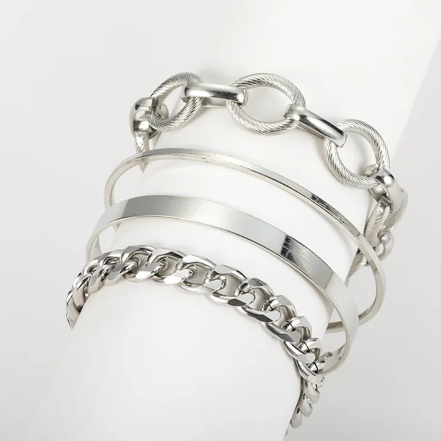 Fashionable and Minimalist Alloy Thick Chain Opening 4-piece Set Bracelet