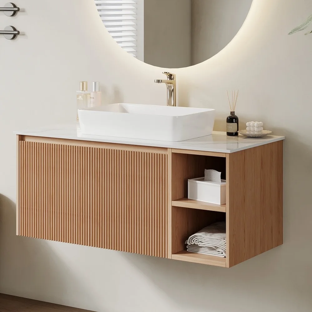 product wall mounted luxury style  ribbed  textured vanity wall hung bathroom cabinet vanity with mirror basin-7