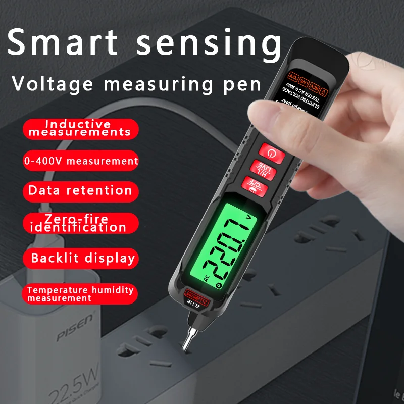 Smart Rechargeable AC 12-300V Non-Contact Voltage Tester Pen with 500mA Current Indicator and Backlight