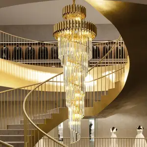 High Ceiling Gold Crystal Lustre Lamps Modern Spiral Curvature Led Chandeliers for Hotel Home Staircase