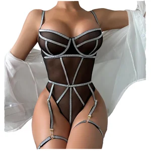 Girls' Sexy Lace Jumpsuit Lingerie Vest with Beautiful Gold Thread and Mesh Patchwork Light Control Level