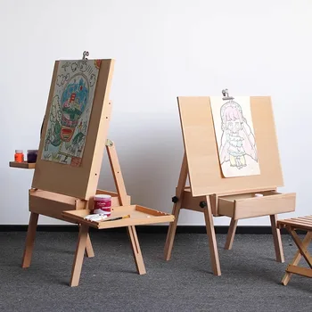 Children's Drawing Stand Made of Oak with Drawers Featuring a Storage Tray and Foldable Design for Easy Portability