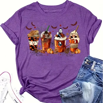 Halloween cute print round neck cute T-shirt Street vintage women's shirt Basic shirt women's short-sleeved T-shirt