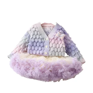 Autumn/Winter  Cardigan Sweater for Girls Rainbow Puff Cake Skirt with  Baby Girls' Clothing