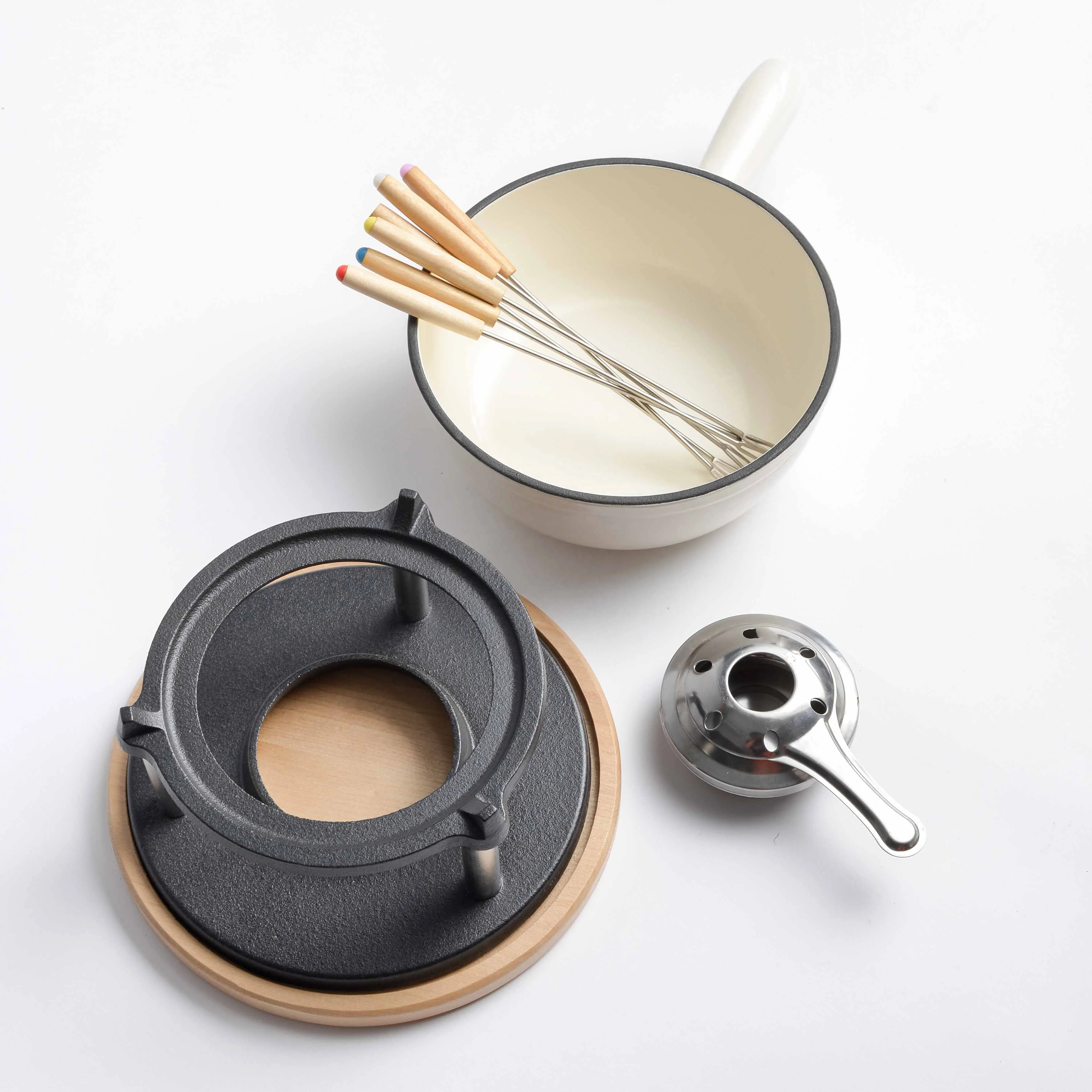 Enamel Cast Iron Fondue Set Cheese Chocolate Fondue Set With Wooden Base