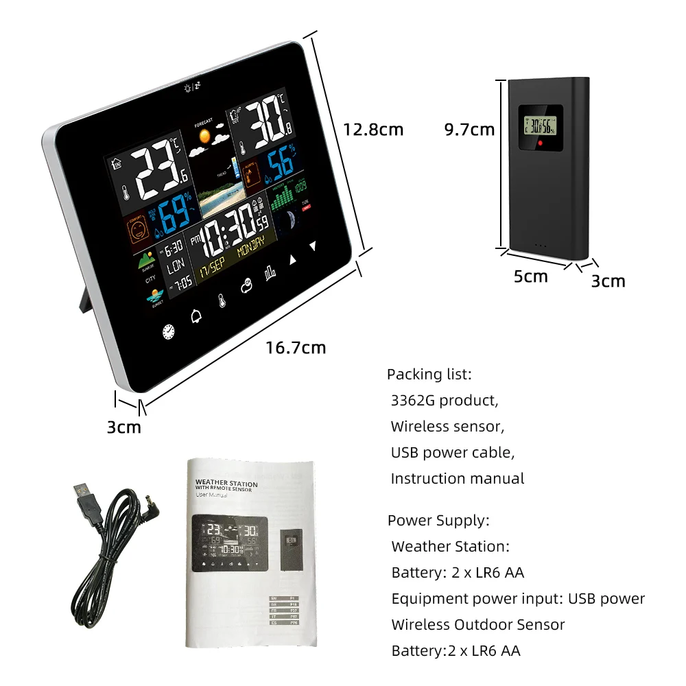 Weather Station with Touch Screen Wall Clock Temperature Humidity Meter Table Desk Clocks with Outdoor Sensor