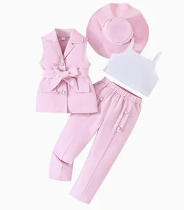 Girls' Casual 4-Piece Baby Suit Set Trousers Vest Hat Solid Color Buttons Anti-Wrinkle Summer Clothes