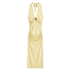MYST&ZA 2026 Women's Vintage Dress Spring Fashion Sexy Backless Halter Neck Sleeveless Temperament Dress Ruffles New