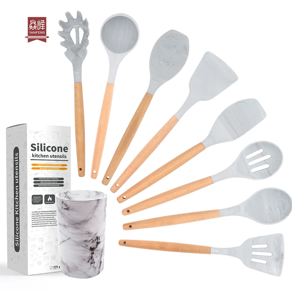 YF Hot Selling Kitchen Utensils Set with Natural Wood Handle Eco-friendly Silicone Cooking