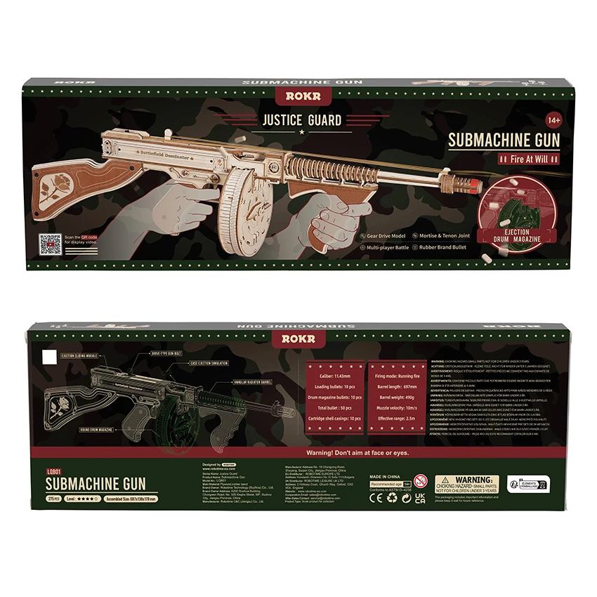 Robotime Rokr DIY Wooden Crafts LQB01 Submachine Gun Model Kit Toys 3D Puzzles for Adults