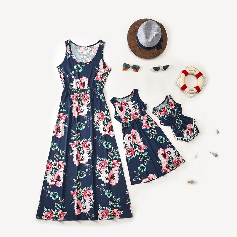 Mommy and Me Dresses Casual Floral Family Outfits Summer Matching Midi Dress Sleeveless Tank Dresses 