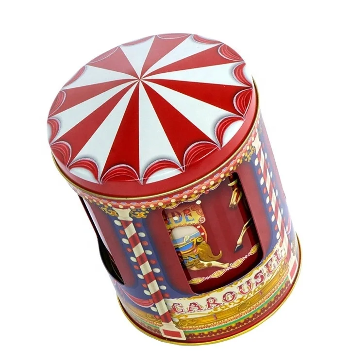 New Christmas large luxury food grade cookie biscuit sweet tin can empty kids gift metal round musical tin box manufacture