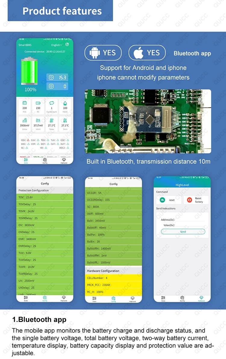 Qucc 10s 24s 500a Relay Lithium Battery Liion Lifepo4 Lto Smart Bms