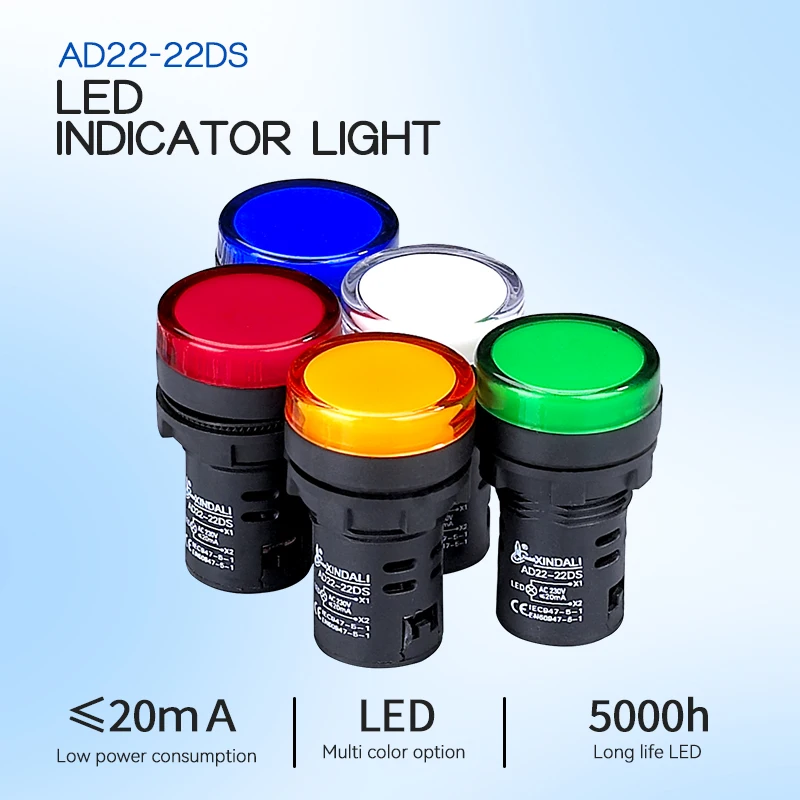 Xindali AD22-22DS White LED Indicator Light for Equipment, 12-380V