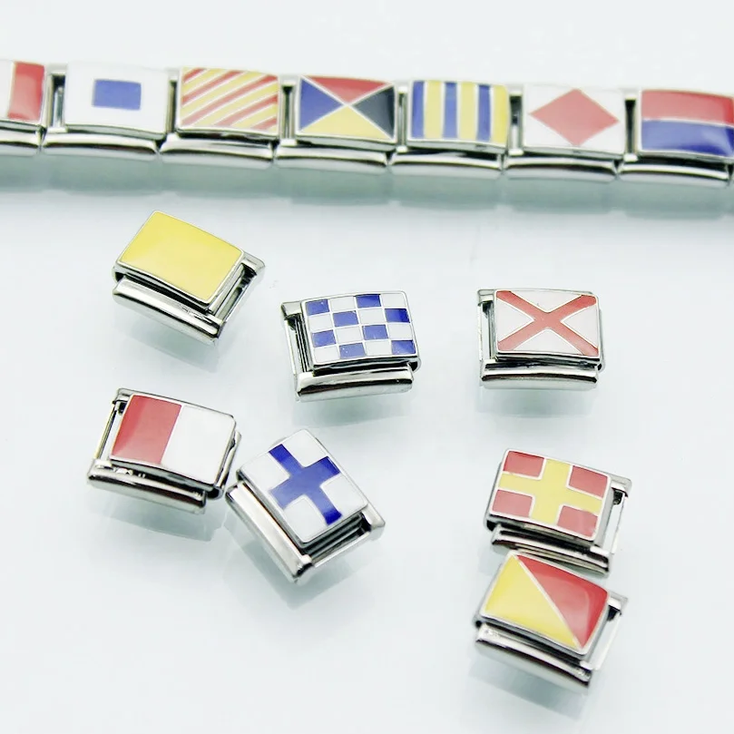 26 Nautical Flag Boat Banner Alphabet 9mm Classic Links International Navy Maritime signal Code Letter Italian Charm Bracelet