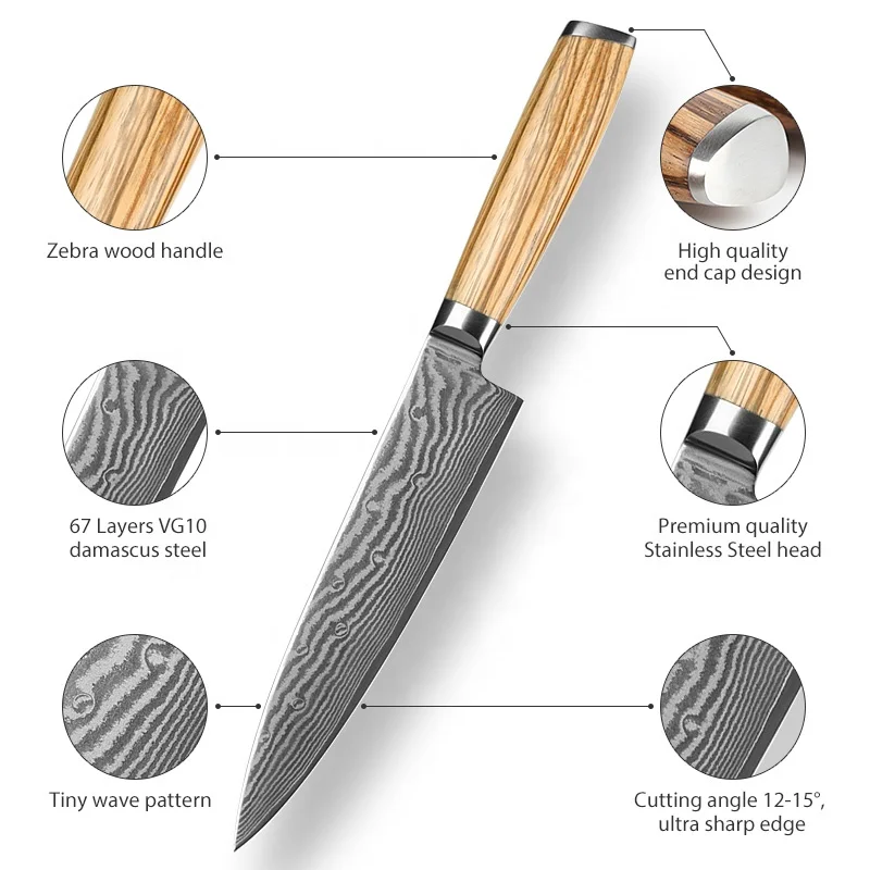 High-end zebra wood handle chef knife set damascus with wooden gift box  customization