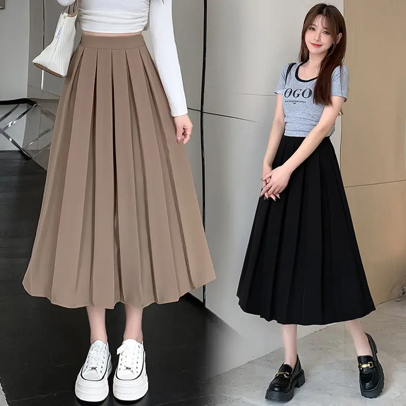 2023 Spring and Summer New Style with Shirt Coffee Color Pleated Half S Women's High Waist a Word in the Long Half214_voghion.com