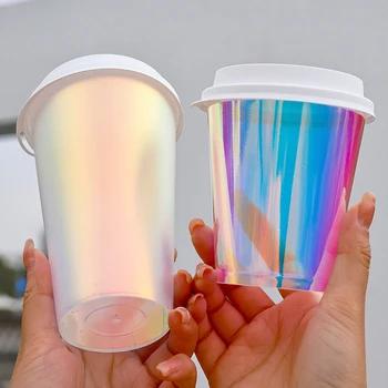 Cup Color Changing Cups Film Bubble Tea Rainbow PP Plastic 90mm Beverage with Lids Boba Tea 16 Oz Plastic Cups