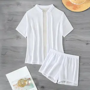 2026 Summer Solid High Waist Breathable 2-Piece Set Hollow Out Cover-Up with Shorts Beachwear Swimsuit