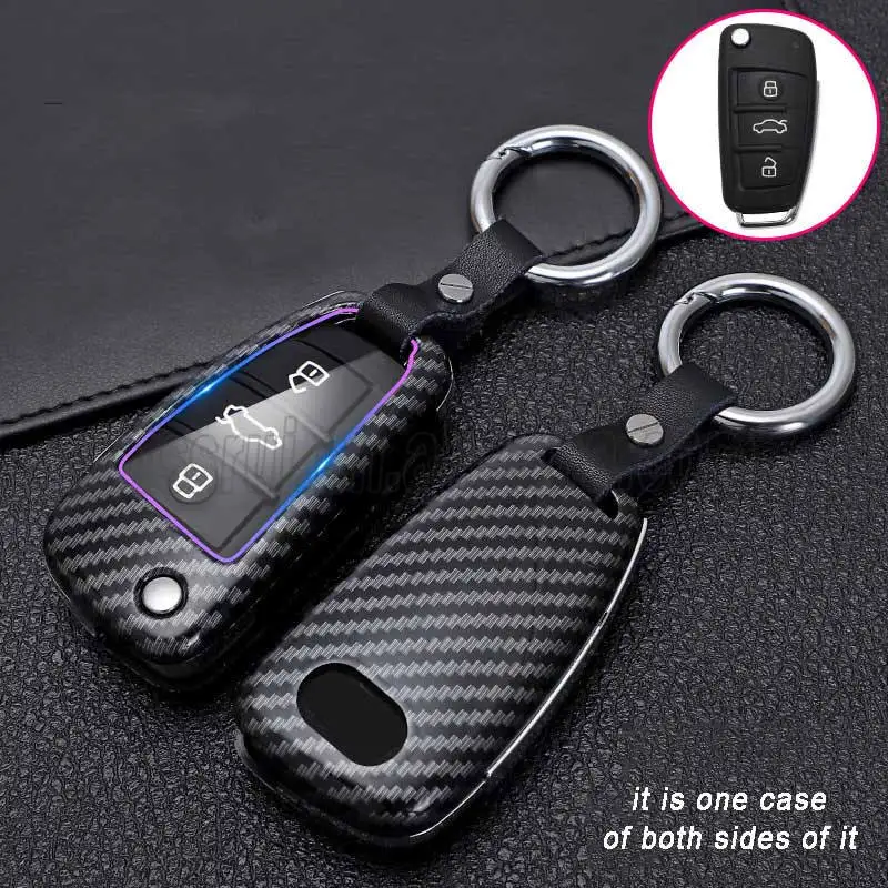 Happyit ABS koolstofvezel behuizing siliconen autosleutel hoes cover sleutelhanger voor Audi Sline A3 A5 Q3 A6 C5 C6 A4 B6 B7 B8 TT 80 S6 3 knoppen (rood