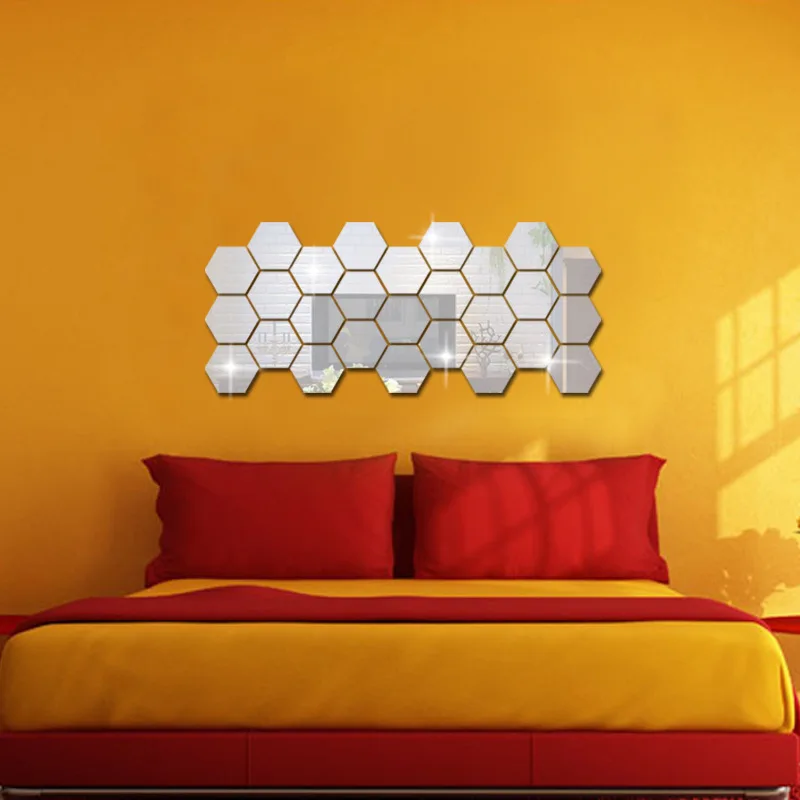 12PCs DIY 3D Mirror Wall Sticker Hexagon Home Decor Mirror Decor Stickers 