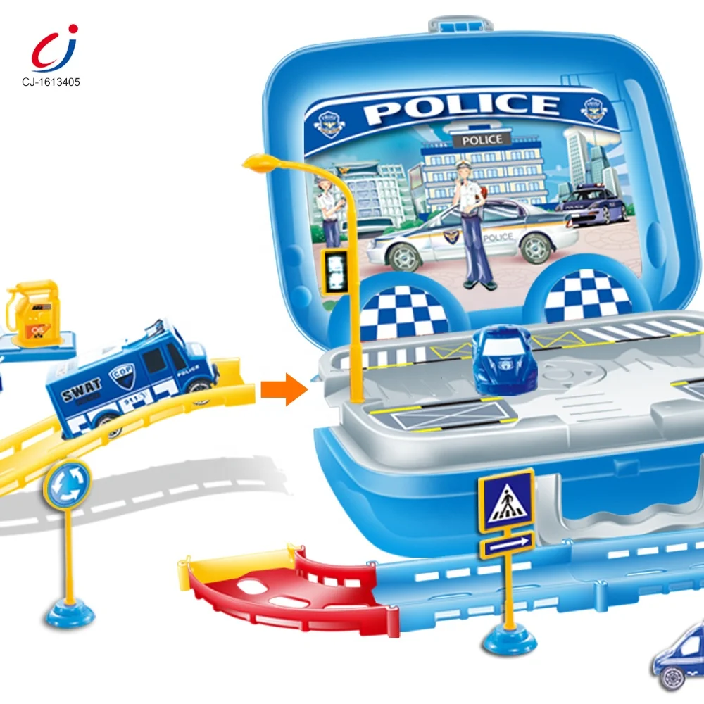 Plastic Kids Play Car Slot Diy Suitcase Police Parking Garage Set for Boys With Map