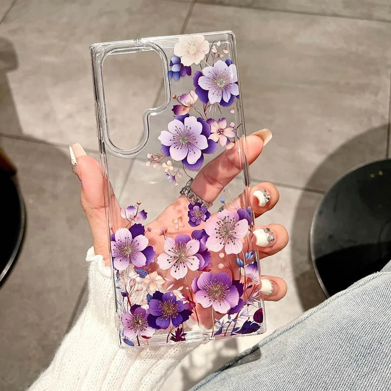 Luxury Flower Pattern Transparent Phone Cases for Samsung S26 S23 S24 S25 Ultra A56 A35 A53 Double Layer Printing Antifall Cover