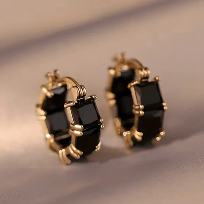 Elegant Black Crystal Zirconia Hoop Earrings