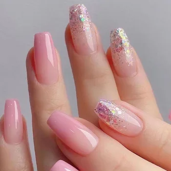 Pinkish Glitter French Sequins 24 pcs ready stock wholesale press on nails artificial fingernails acrylic candy fake nails 2367