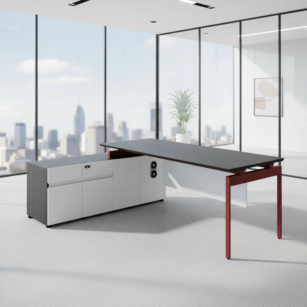 Mid-Level Foldable Office Desk Durable Wood Construction Aluminum Frame Cabinet Storage Space Modern Office Desk 6