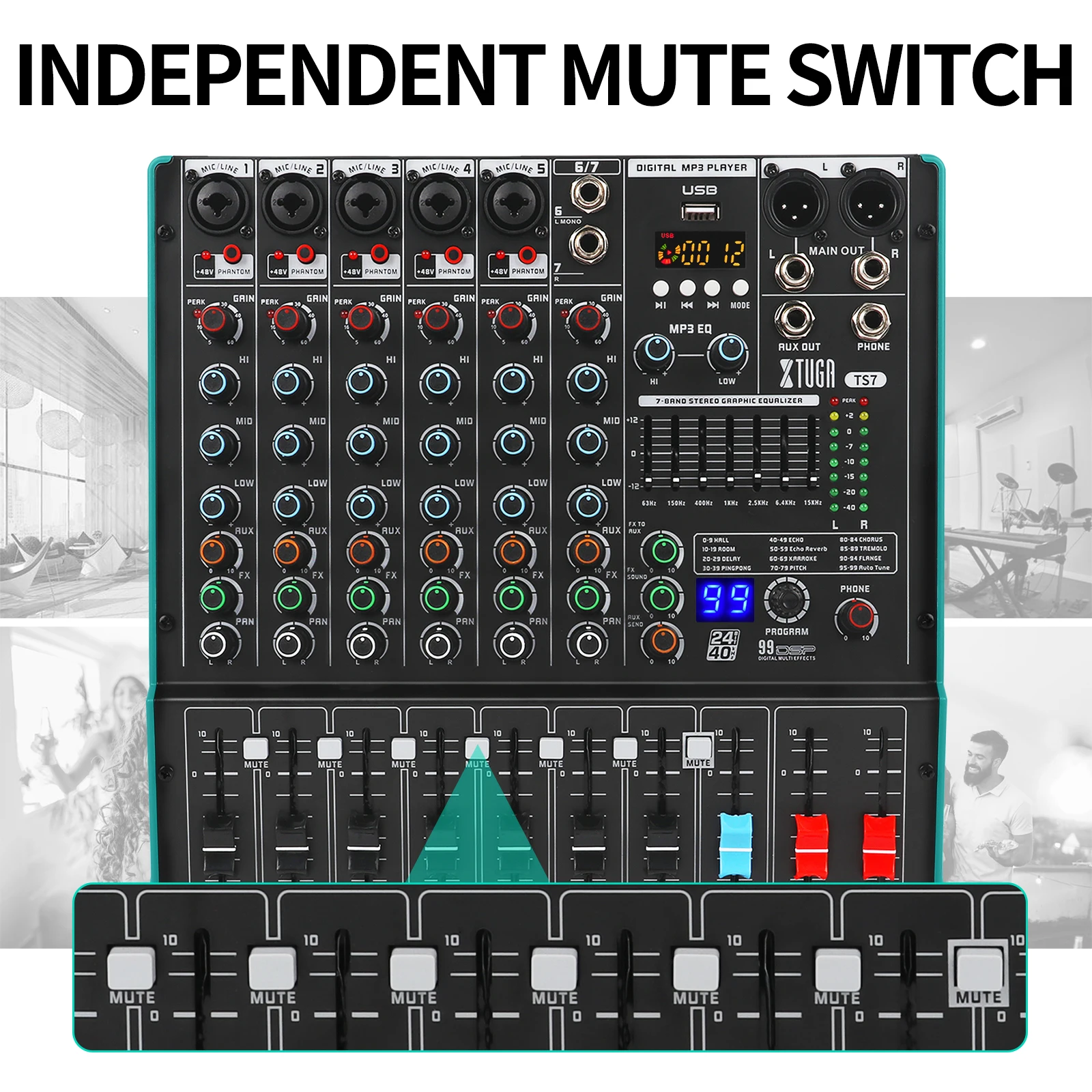 XTUGA TS7 Audio Mixer - 7 Channels with Customizable DSP