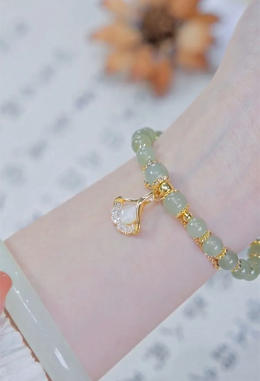 New Fashion Ladies Gold Ginkgo Leaf Hetian Jade Bracelet Double Layer ...