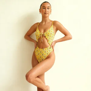Free Design Women Swimming Costume Eco Friendly Sustainable Swimwear Beachwear Cut Out Tie-front One Piece Swimsuit
