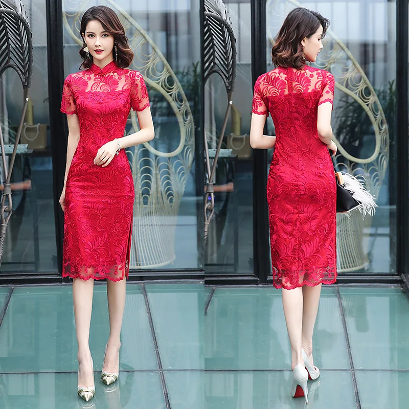 Lace Mid-length Cheongsam Improved Fresh Banquet Performance Slim Asian  Clothes Qipao Women's Flamenco Party Dress
