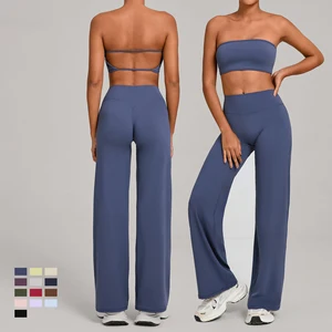 Women's 4 Way Stretch Training Strapless Bra Flare Pants Set Breathable Quick Dry Elastic Waist Yoga Sets