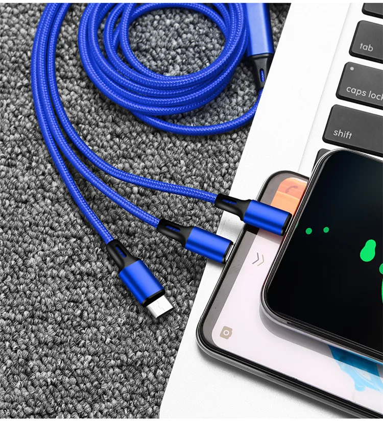 Hot sell 3 In 1 Micro USB Type C Charger Cable Multi Usb Port nylon  braid Usb Charging Cable  For Mobile Phone Cables