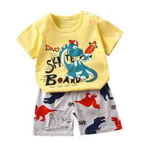 Summer Fashion Cartoon Printing Short Sleeves Round Button Neck New Born Baby Clothes Boy Clothing Set