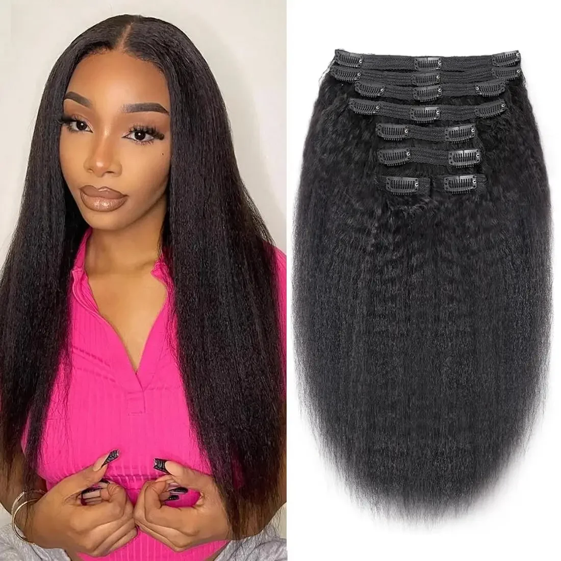 Kinky Straight Human Hair Clip In Extensions For Full Head Style_voghion.com