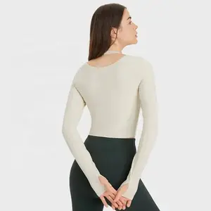 Comfortable Sexy Slim Fit Thumb Hole Halter Yoga Crop Top for Women Quick Dry Long Sleeve Yoga T-Shirts With Removable Pads