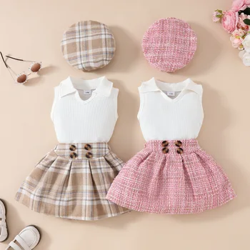 Toddling girls fashion beret sleeveless skirt suit baby girl vest v Collar top skirt