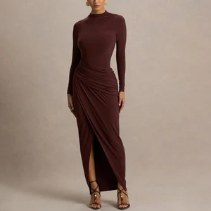 ZYHT 74133 Modest Fashion Manufacturer Brown Asymmetric Ruched Long Sleeve High Slit Knitted Wrapped Maxi Casual Dress for Party