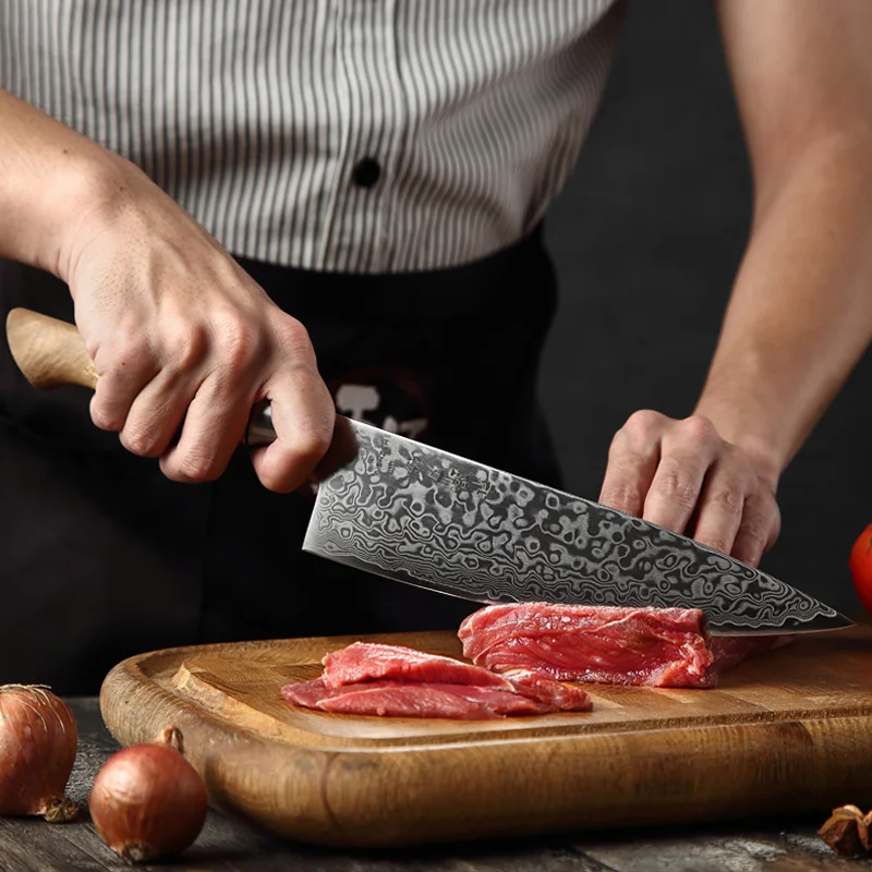 Professional Chef Knife Damascus Kitchen Knives with Figured Sycamore Wood Handle Handmade