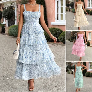 Womens Floral Maxi Dresses Spaghetti Strap Casual Sleeveless Ruffle Flowy Tiered Dress