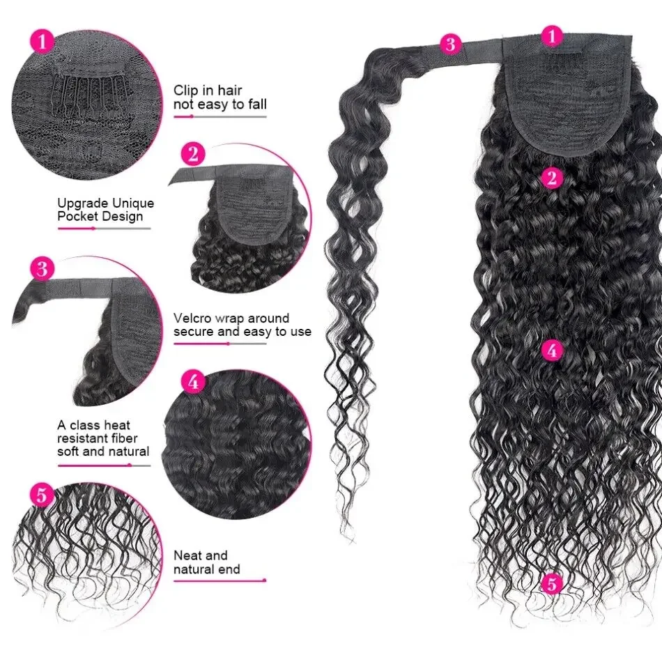 Extensión de coleta pelo humano ondulado con clip para mujer_voghion.com