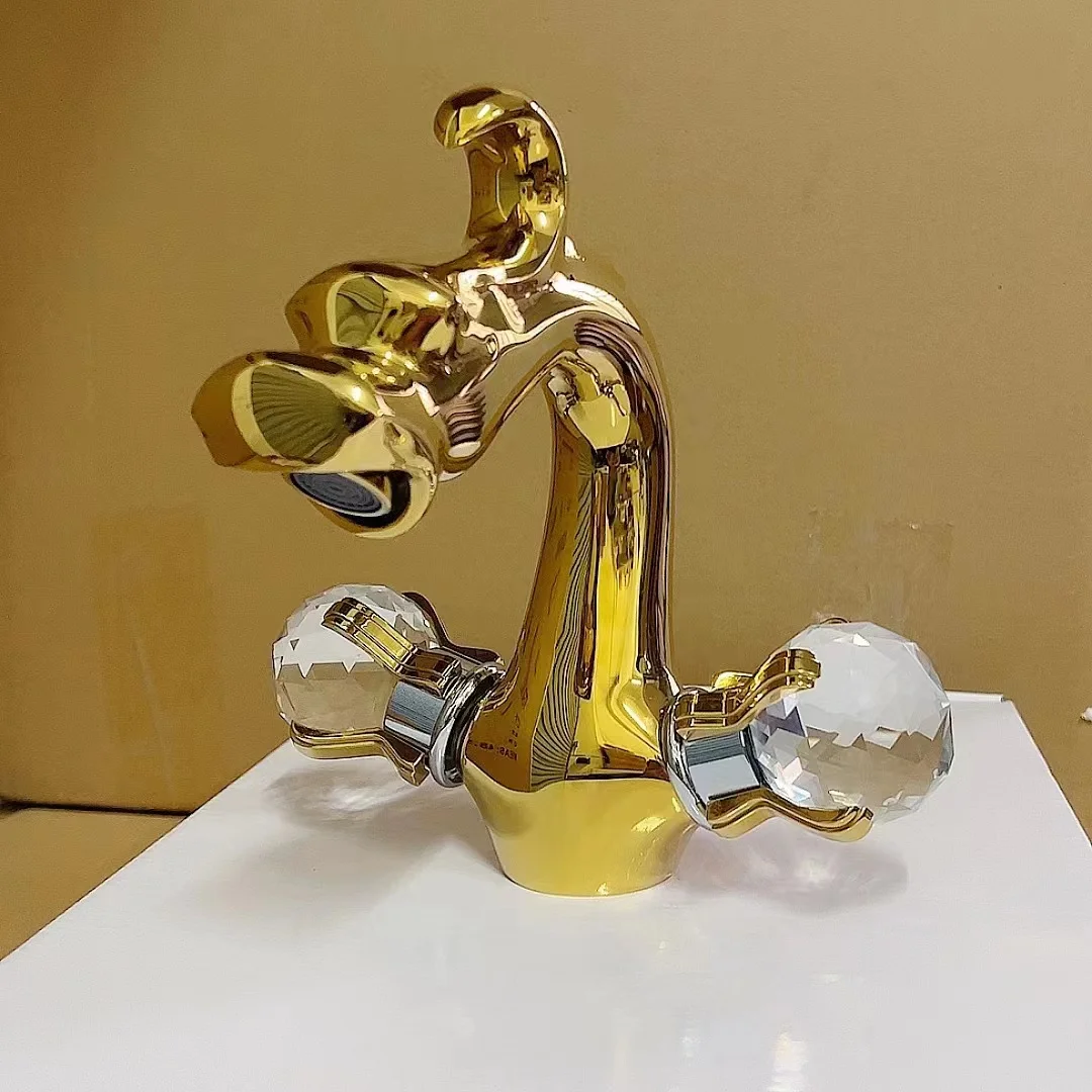 Bathroom Double Handle Gold Dragon Crystal Basin Faucet Washbasin Hot and Cold Water Deck Mount Mixer Tap XR7903